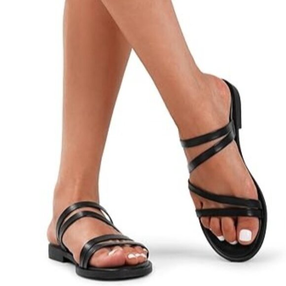 Dream Pairs Size 11 Black Strappy Slide Flat Sandals Memory Foam & Non-Slip Sole - Picture 2 of 11